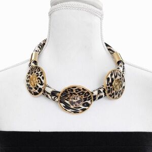 Leopard Print Statement Choker Necklace – Gold Tone Medallions